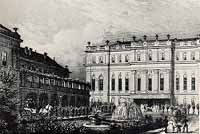 Prinz-Albrecht-Palais, Bild: um 1830, Vorhof, Stahlstich aus Spiker nach einer Zeichnung von Loeillet (LB).