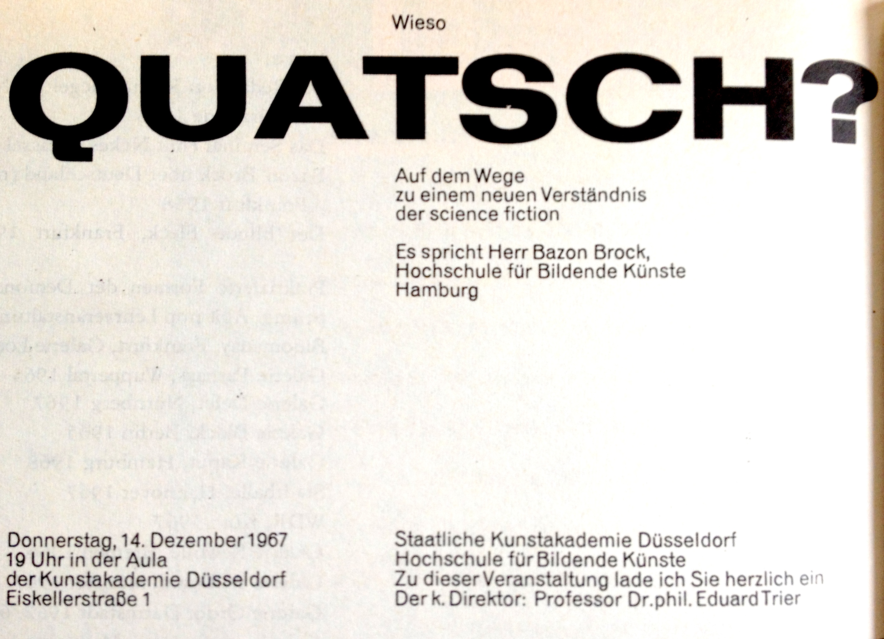 Wieso Quatsch?, Bild: Vortrag, Kunstakademie Düsseldorf, 14.12.1967.