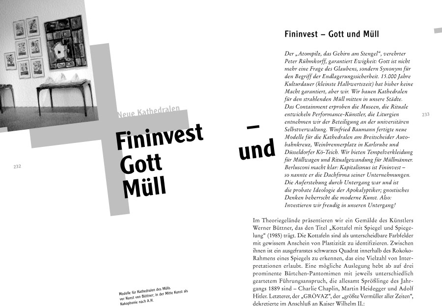 Lustmarsch durchs Theoriegelände, Bild: Seite 232-233: Fininvest – Gott und Müll. Gestaltung: Gertrud Nolte..